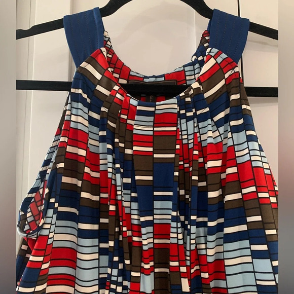 BCBG Maxazria Red White and Blue Geometric Halter Dress Packable - Picture 4 of 6